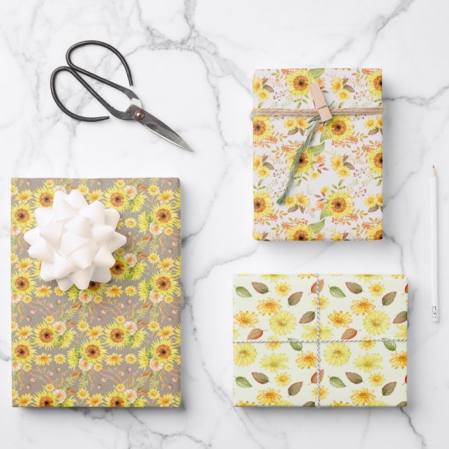 Watercolor Autumn Fall Sunflowers, Flower Pattern Wrapping Paper Sheets (Front)