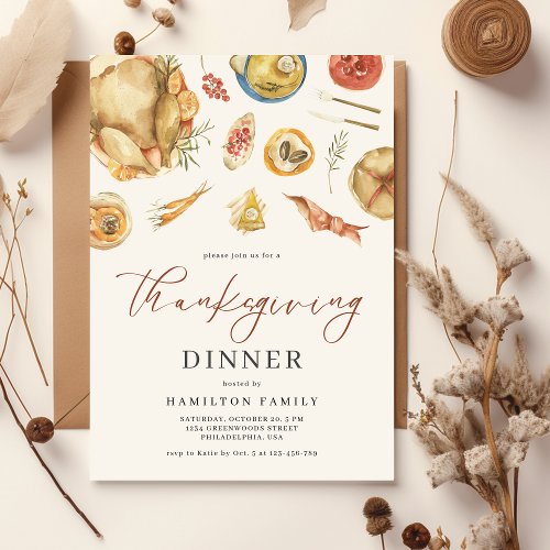 Watercolor Autumn Fall Turkey Thanksgiving Dinner Invitation