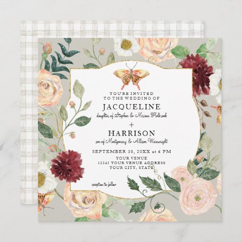 Watercolor Autumn Floral Coral Rose Butterfly Invitation