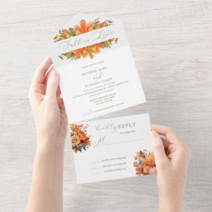 Watercolor Autumn Floral Fall in Love Wedding All In One Invitation