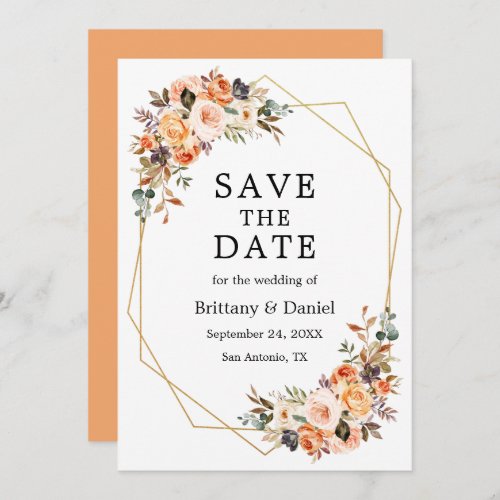 Watercolor Autumn Floral Geo Frame Peach Save The Date