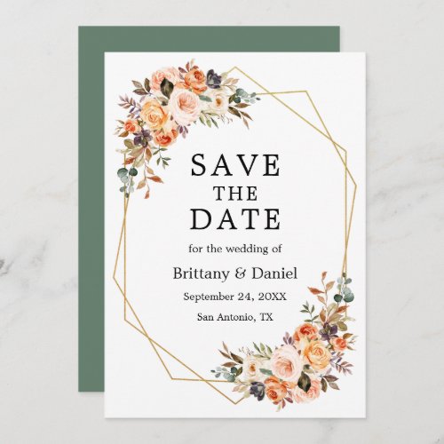 Watercolor Autumn Floral Geo Frame Sage Green Save The Date