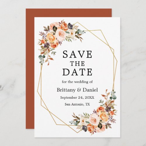 Watercolor Autumn Floral Geo Frame Terracotta Save The Date