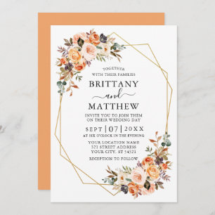 Watercolor Autumn Floral Geo Frame Wedding Peach Invitation
