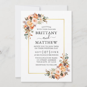 Watercolor Autumn Floral Gold Frame Wedding Invitation