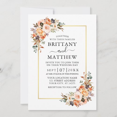 Watercolor Autumn Floral Gold Frame Wedding Invitation
