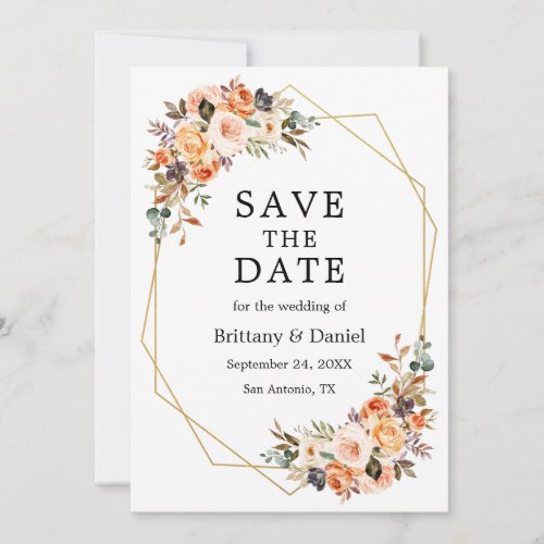 Watercolor Autumn Floral Gold Geo Frame Save The Date