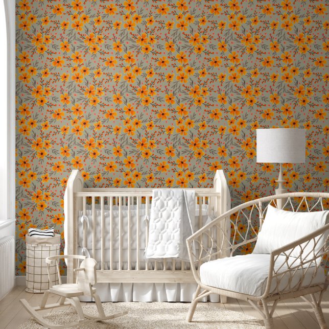 Watercolor Autumn Floral Pattern Sage Green  Wallpaper (Kids)