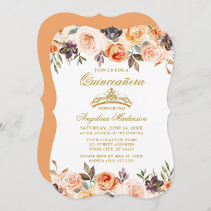 Watercolor Autumn Floral Peach Gold Quinceanera Invitation
