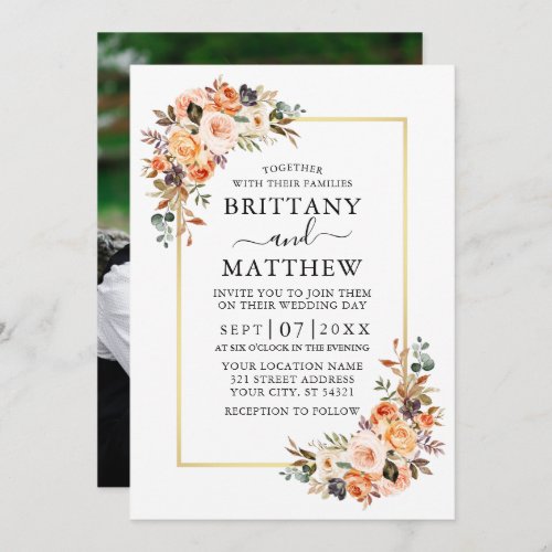 Watercolor Autumn Floral Photo Gold Frame Wedding Invitation