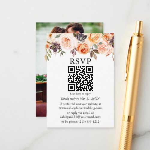 Watercolor Autumn Floral Photo Wedding QR RSVP Enclosure Card