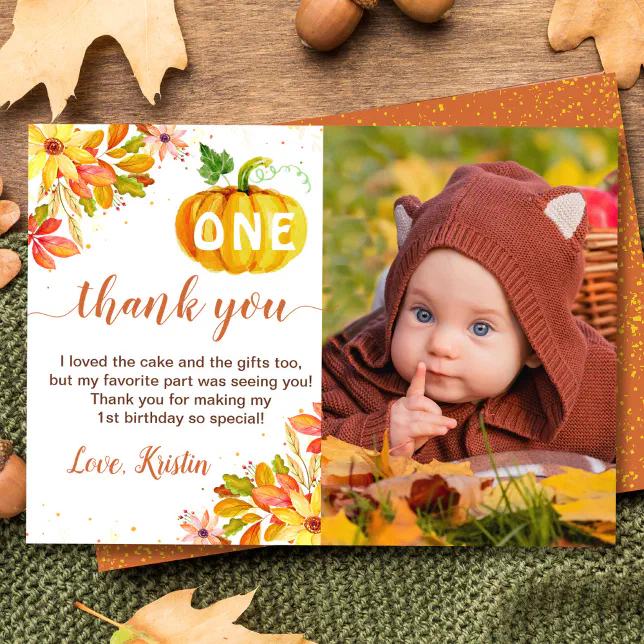 Watercolor Autumn Floral Pumpkin Birthday Photo Thank You Card | Zazzle