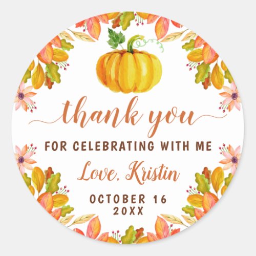 Watercolor Autumn Floral Pumpkin Fall Thank You Classic Round Sticker