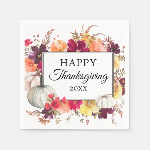 Watercolor Autumn Floral Pumpkin Thanksgiving Napkins