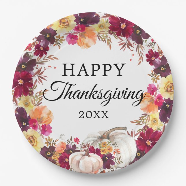 Watercolor Autumn Floral Pumpkin Thanksgiving Paper Plates (Front)