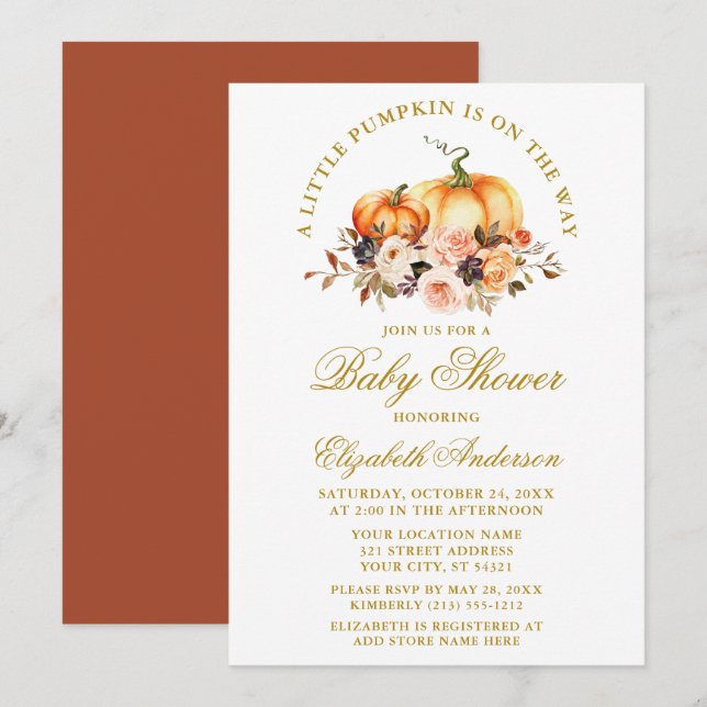 Watercolor Autumn Floral Pumpkins Baby Shower Gold Invitation (Front/Back)