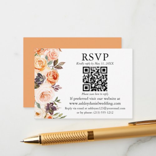 Watercolor Autumn Floral QR RSVP Wedding Peach Enclosure Card