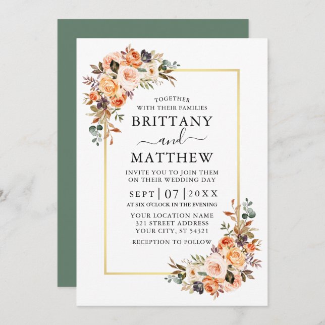 Watercolor Autumn Floral Wedding Gold Sage Green Invitation (Front/Back)