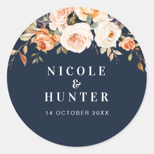 Watercolor autumn floral wedding navy blue classic round sticker