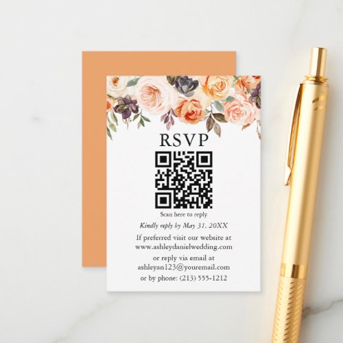 Watercolor Autumn Floral Wedding Peach QR RSVP Enclosure Card