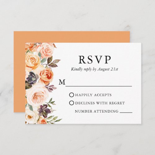 Watercolor Autumn Floral Wedding Peach RSVP Card