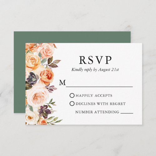 Watercolor Autumn Floral Wedding Sage Green RSVP Card