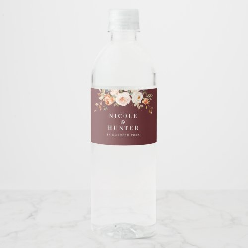 Watercolor autumn floral wedding water bottle label