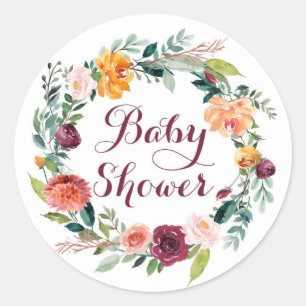 Watercolor Autumn Floral Wreath Baby Shower Classic Round Sticker