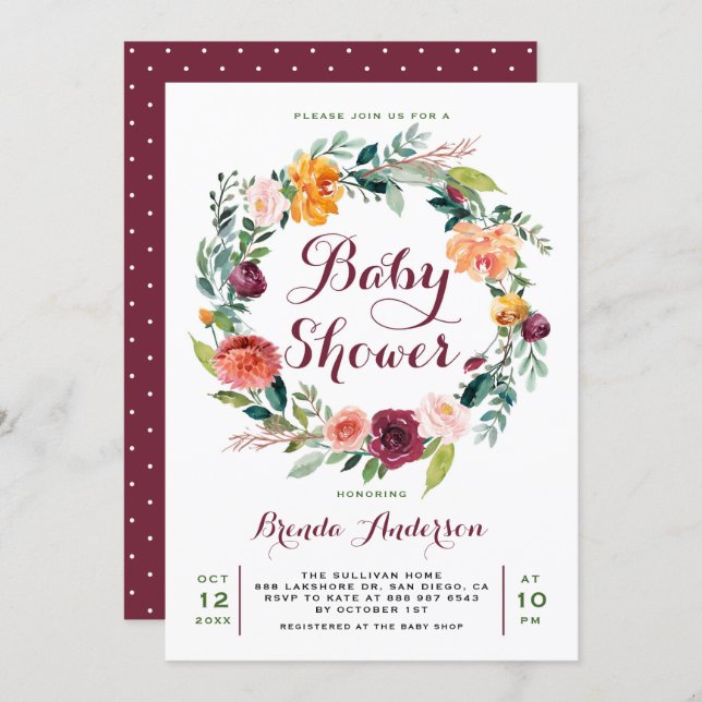 Watercolor Autumn Floral Wreath Baby Shower Invitation (Front/Back)