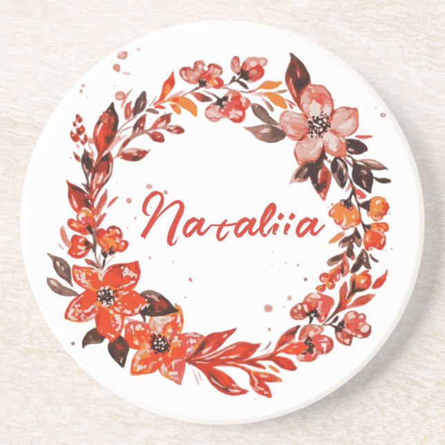 Watercolor Autumn Florals Custom Name  Coaster (Front)