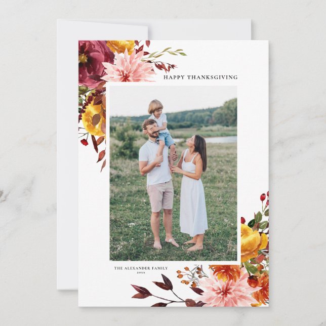 Watercolor Autumn Flowers Happy Thanksgiving (Front)