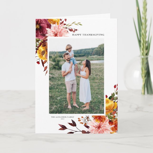 Watercolor Autumn Flowers Thanksgiving Photo Holiday Card (Front)