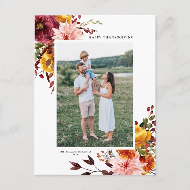 Watercolor Autumn Flowers Thanksgiving Photo Holiday Postcard (Front)