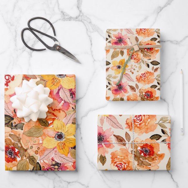 Watercolor Autumn Flowers Wrapping Paper Sheets (Front)