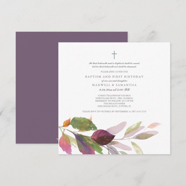 Watercolor Autumn Foliage Baptism Invitation (Front/Back)
