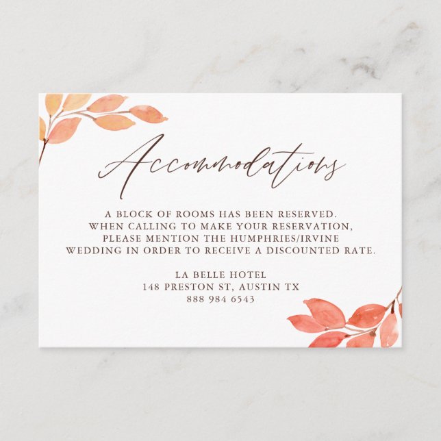 Watercolor Autumn Foliage Wedding Accommodations Enclosure Card (Front)