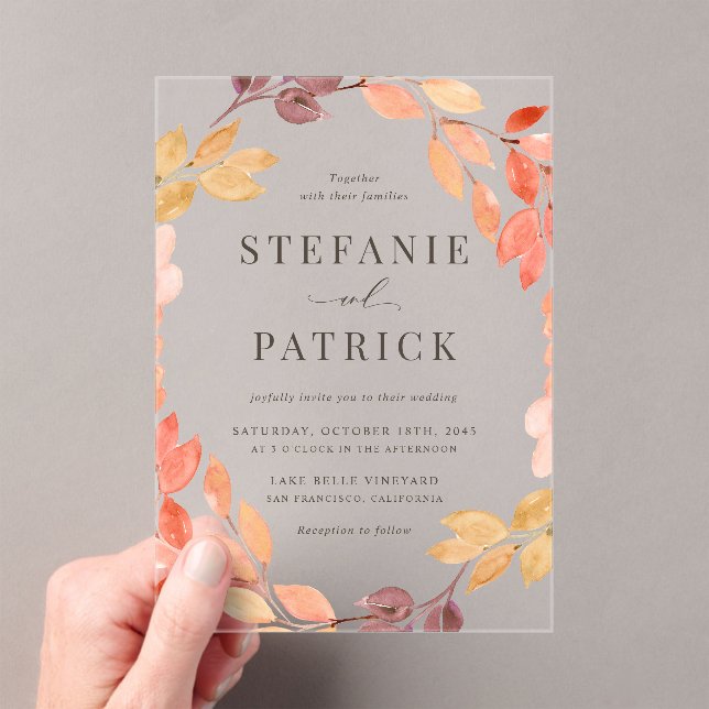 Watercolor Autumn Foliage Wreath Fall Wedding  Acrylic Invitations (Insitu (Handheld))