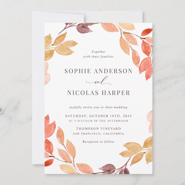 Watercolor Autumn Foliage Wreath Wedding Invitation (Front)
