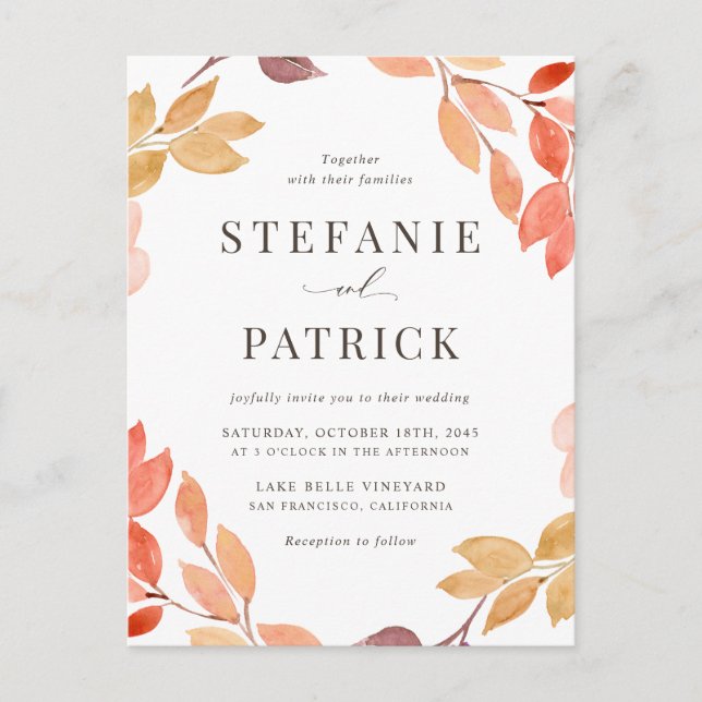 Watercolor Autumn Foliage Wreath Wedding Invitation Postcard (Front)