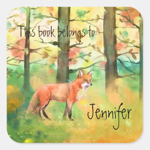 Watercolor Autumn Forest Fox Animal Nature Art Square Sticker