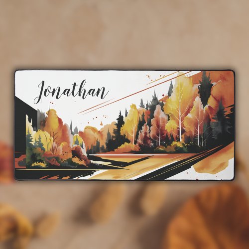 Watercolor Autumn Forest Landscape Desk Mat