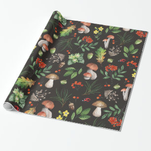 Watercolor Autumn Forest Leaves Mushrooms Floral   Wrapping Paper