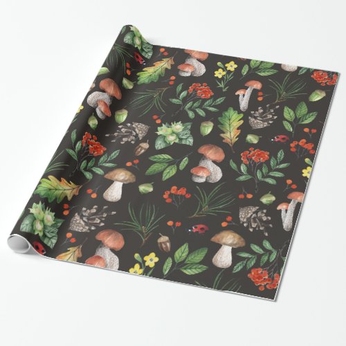 Watercolor Autumn Forest Leaves Mushrooms Floral  Wrapping Paper