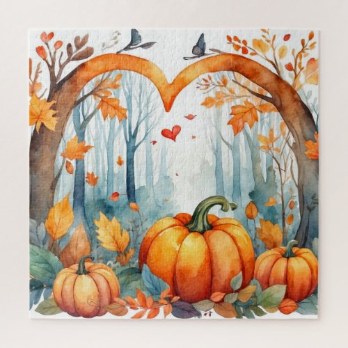 Watercolor Autumn Forest Pumpkin in Heart  Jigsaw Puzzle