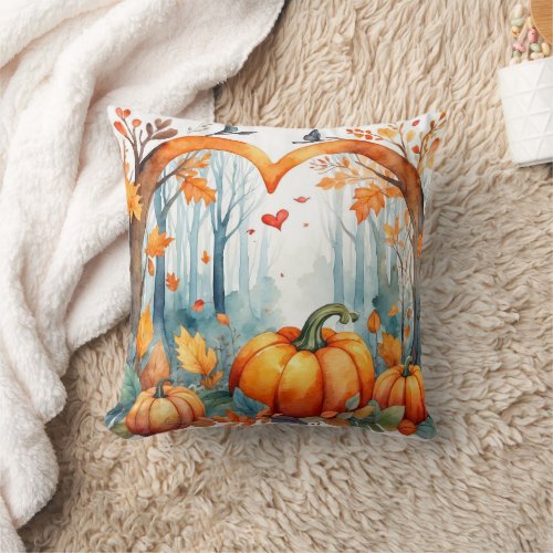 Watercolor Autumn Forest Pumpkin in Heart  Throw Pillow