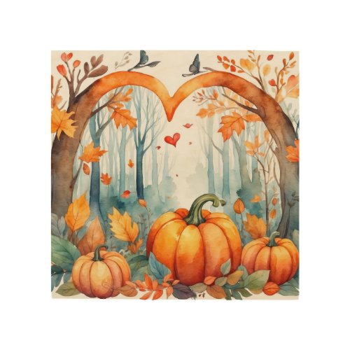 Watercolor Autumn Forest Pumpkin in Heart  Wood Wall Art