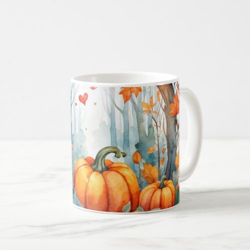 Watercolor autumn forest pumpkin leaves  coffee mug