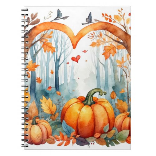 Watercolor Autumn Forest Pumpkin Leaves  Notebook