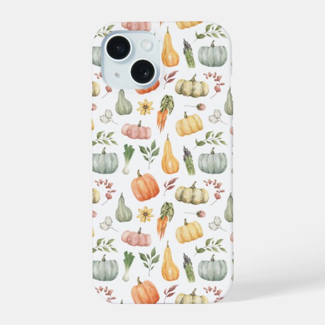 Watercolor Autumn Harvest Pattern iPhone 15 Case (Back)