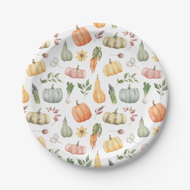 Watercolor Autumn Harvest Pattern Paper Plates (Front)